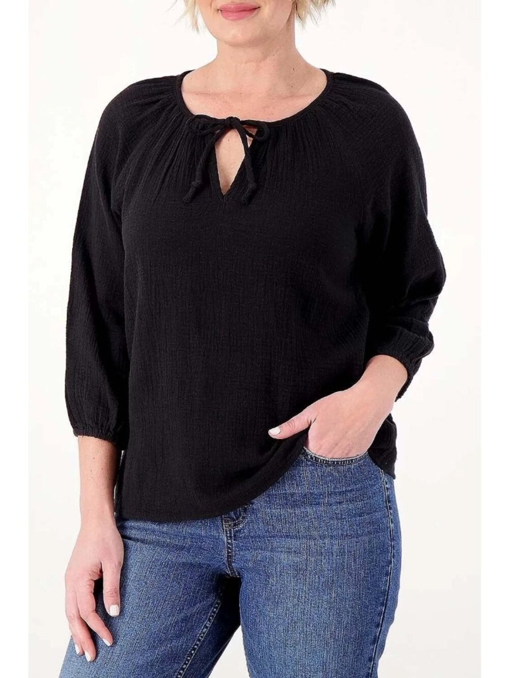 Encore by Idina Menzel Romantic Blouse Size Medium Double Gauze 3/4 Sleeve Black